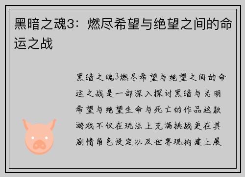黑暗之魂3：燃尽希望与绝望之间的命运之战